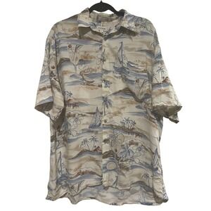 Pierre Cardin Hawaiian Shirt Mens Beige Tropical Island Sailboat Rayon Large